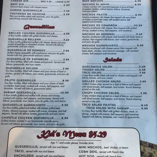 Appetizers, Quesadillas, Nachos, Salads, Kids menu.