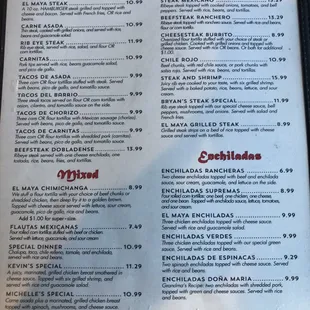 Steaks, Mixed, Enchiladas.