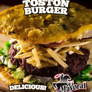 Toston Burger Beef sandwiched between 2 flattened fried green plantains. Original right?