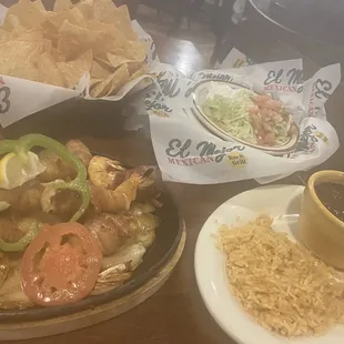 Black bean soup &amp; rice. Shrimp Brochettes