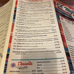 Lunch and dessert menu