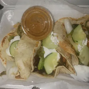 Tacos! 1 chicken,   steak, 1 shrimp