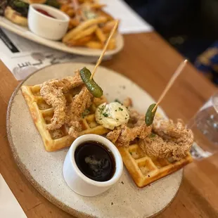 CHICKEN AND WAFFLES Waffles, Fried Chicken, Truffle/Honey Butter, Cornichons