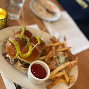 BARCELONA BURGER (We requested to have it cut in fourths) Red Wine Caramelized Onions, Valdeon Blue Cheese, Shishitos, Housemade Fries