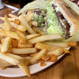 Torta and thick cut French fries.