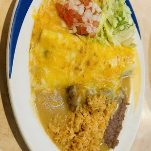 Beef Enchilada, crispy chile relleno, carnitas burrito (with beans and rice)