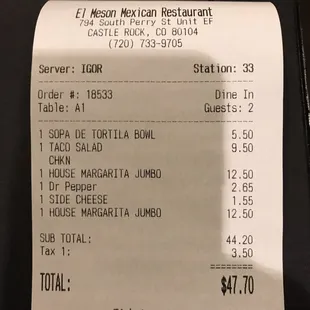 a receipt for a mexican restaurant