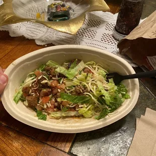 This was a bowl served to me today. It was so tiny that whomever made it must have cut the portions in half