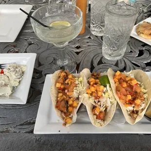 Chicken tacos, garlic potato salad