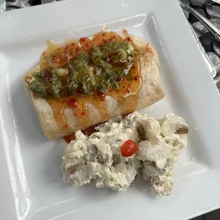 Jamaican pork burrito with garlic potato salad, OMG. This was AMAZING!!!