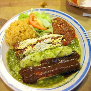 Enchiladas Mexicanas - with any sauce you like. This one with 2 red, 1 green and 1 mole.