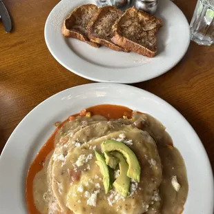Huevos rancheros with green and red sauce.  Also tres leches french toast.
