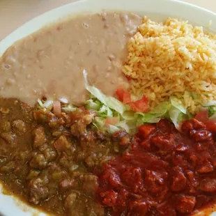 Red and green chili couldn&apos;t decide, so the waitress said try both, so both it was and very tasty and equivalent to homemade