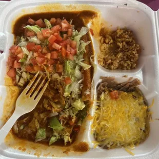 Red chili cheese enchiladas rice and beans