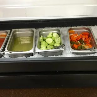 Nice Salsa Bar w/ Pickled Carrots, Onions &amp; Jalapeños + Tasty Red &amp; Green Salsa