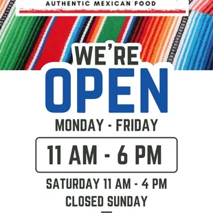 we're open monday, friday, 11am - 5pm, saturday, 11am, 4pm, 4