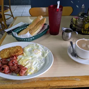 Chorizo with eggs, hash, cafe con leche, cuban toast.