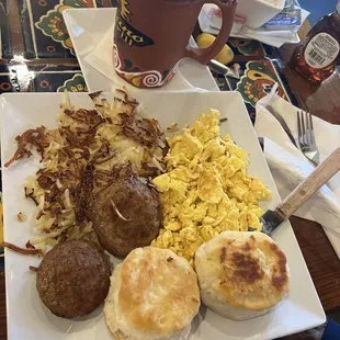 Biscuits delicious, sausage good, hash browns greasy and not crisp, eggs scrambled hard, gravy cold. $5.75. Price very cheap.