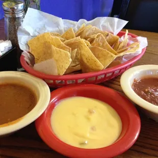 Three dips hot cold and cheese comes with chips