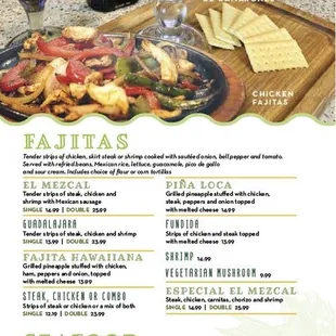 Fajita and seafood menu