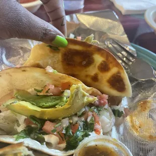 Closeup of shrimp taco Tacos de Lujo! Soft shell