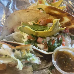 Shrimp Tacos de Lujo (Soft Shell) (super delicious and I asked for green sauce on the side) Comes with three tacos and it is very filling!