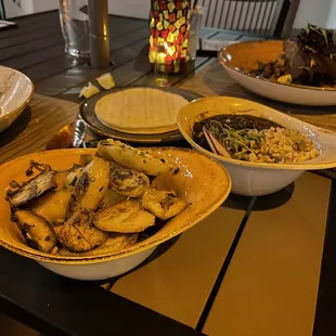 Papas bravas and rice and beans