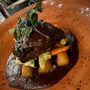 Short rib with mole sauce and yucca fries