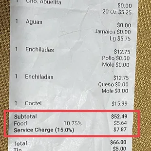 Receipt with 15% surcharge.