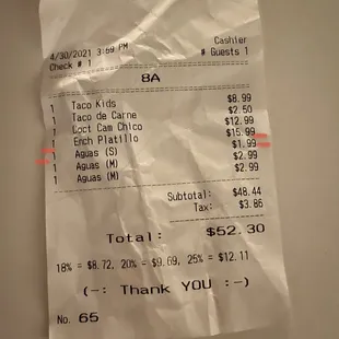 I highlighted in red the $1.99 for a small "aguas" that we were charged for .