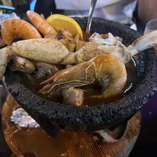 Head on shrimp in the seafood molcajete