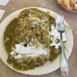Bean and Cheese Burrito covered with Chile Verde