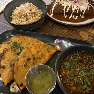 Quesabirria tacos, Enchiladas de Mole, esquite