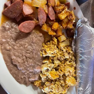 Chorizo and eggs with stewed sausage.