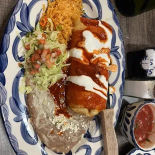 Chimichanga- had lots of chicken.  Got with enchilada sauce on it.  Yum!