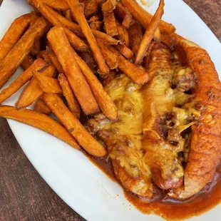 Milagro Dog with Side of Sweet Potato Fries