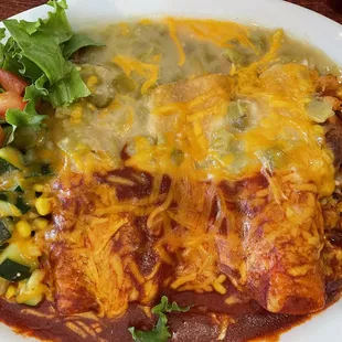 Enchilada Trio/Chrismas (red and green chile) with posole and Calabacitas.