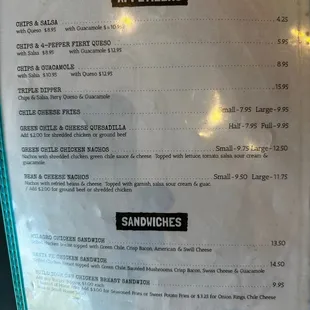 a menu for appetizers