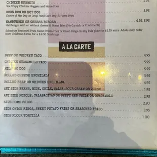 a menu for a la carte