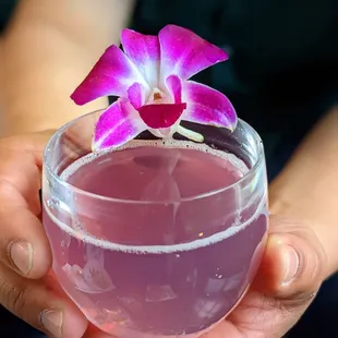 a person holding a glass of pink liquid with a flower on top