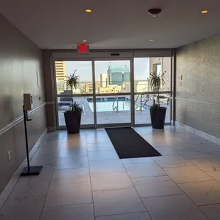 the entrance to a hotel