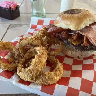 Meateater hamburger and onion rings