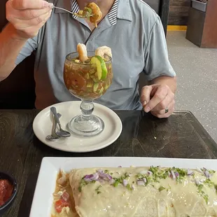 The Shrimp cocktail... massive marinaded beef burrito!