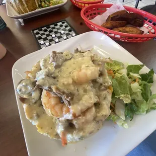 Fritofongo with shrimp &amp; churrasco. Best churrasco I've had in a minute, all of it was very filling, I even have leftovers.