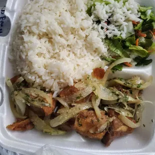 Rice, pork, and salad.