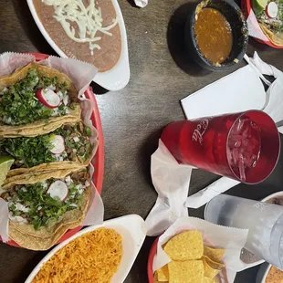 Carne Asada Tacos, Beans, Rice, Chips, Salsa