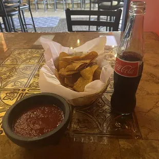 Chips and salsa with Mexican Coke