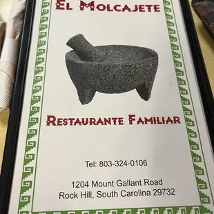 The front of the menu at El Molcajete
