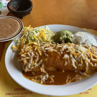 Shredded Beef Burro The Works, Refried Beans