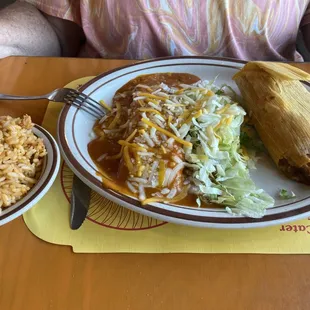 Shredded Beef Tamale and Chicken Enchilada Combo, Mexican Rice